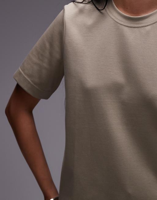 ARKET - T-shirt squadrata in jersey pesante color beige kaki, 3 di 4