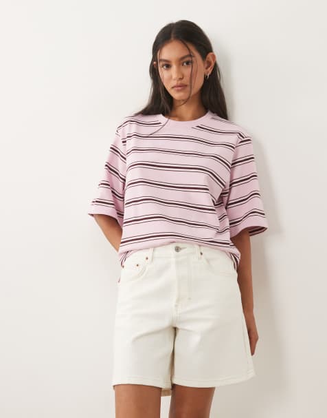 ARKET - T-shirt squadrata in jersey pesante rosa a righe - view 1