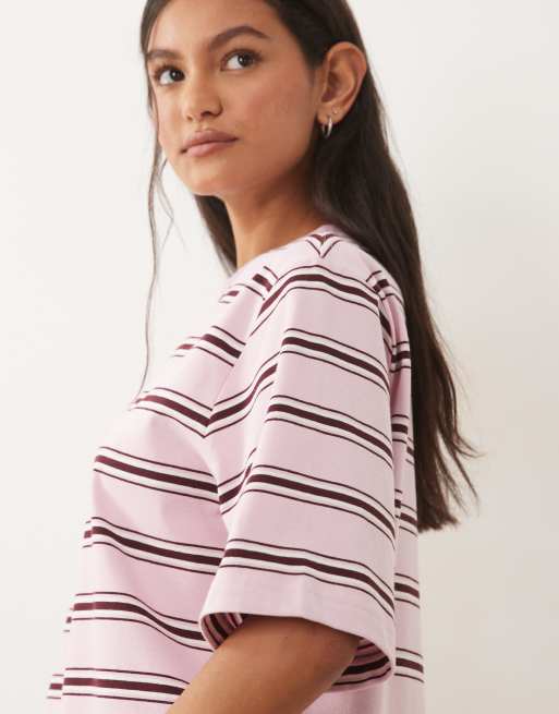 ARKET - T-shirt squadrata in jersey pesante rosa a righe, 2 di 4