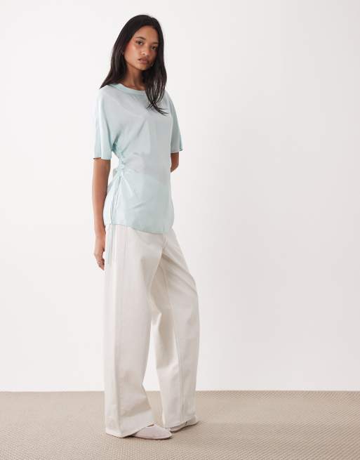 ARKET - T-shirt taglio lungo in raso verde menta con vita arricciata, 2 di 4