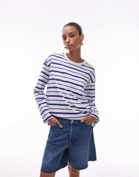 ARKET - T-shirt van jersey met lange mouwen en strepen in blauw - view 1