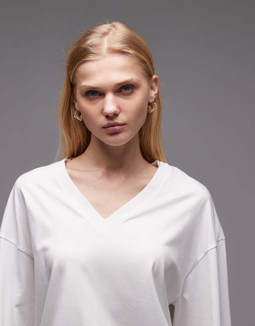 ARKET - T-shirt van katoen met V-hals en lange mouwen in wit, 3 van 4