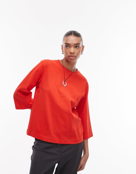 ARKET - T-shirt van zware stof met 3/4 mouwen in rood - view 1