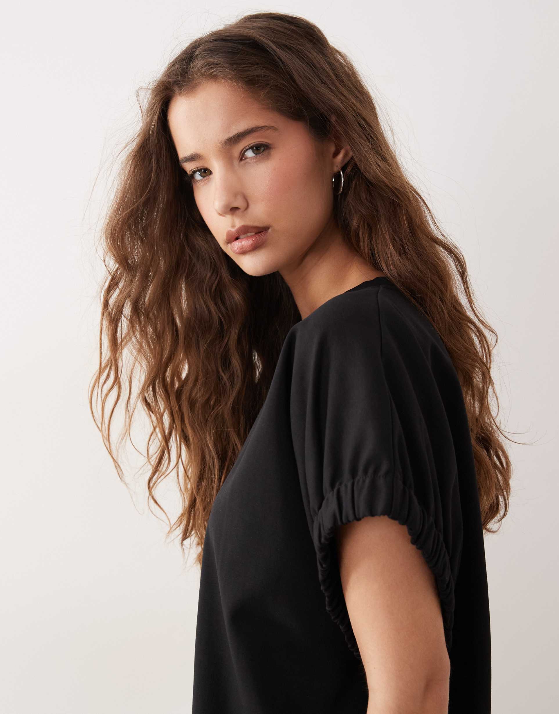 arket t-shirt with gathered sleeve detailing in black