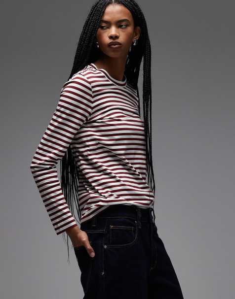 ARKET – T-shirt z długimi rękawami w biało-bordowe paski - view 1