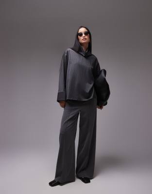 Arket Tailored Blouse With High Neck And Volume Sleeves In Gray Pinstripe