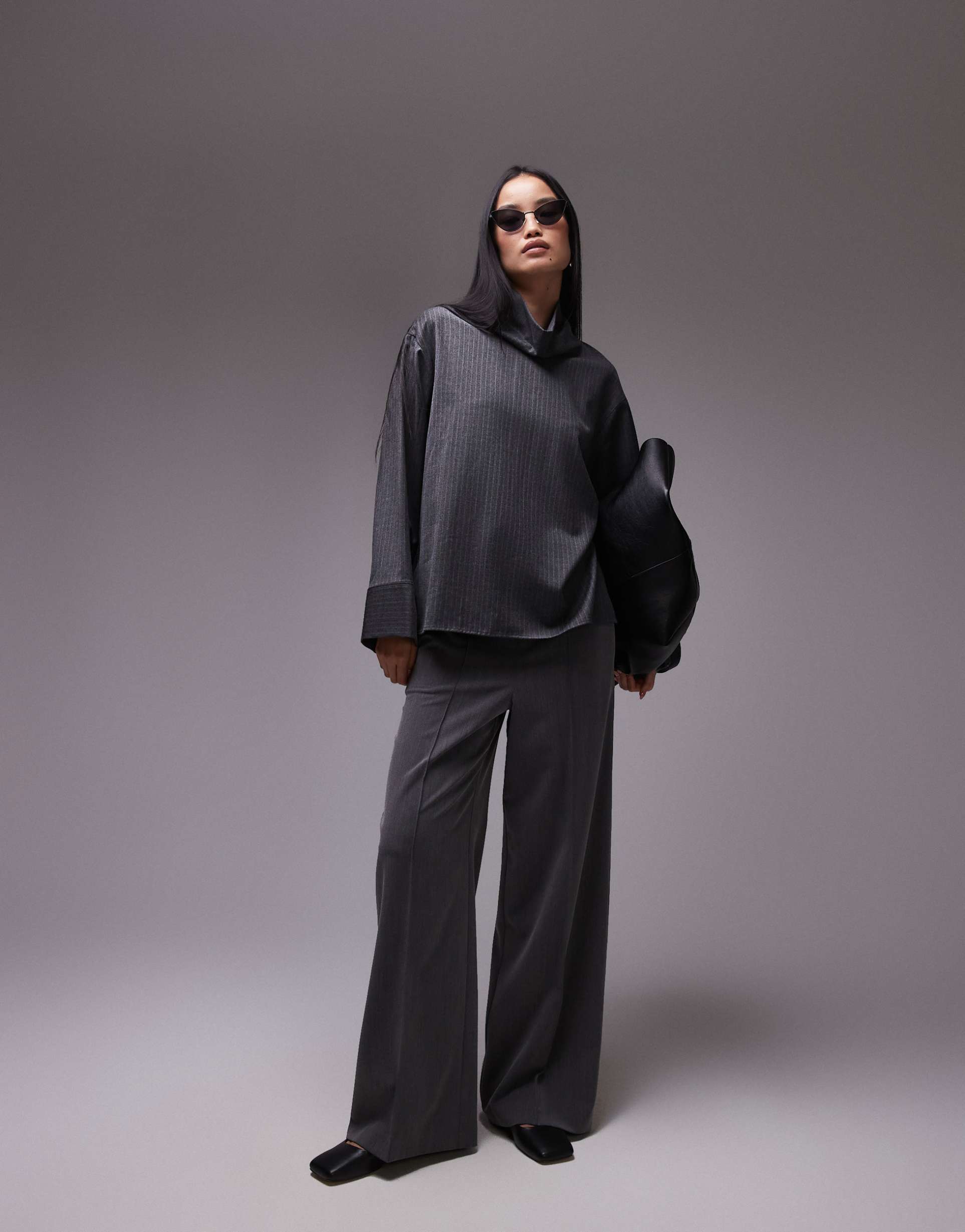 arket tailored blouse with high neck and volume sleeves in gray pinstripe