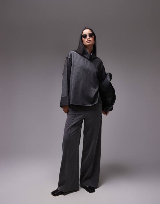 ARKET tailored blouse with high neck and volume sleeves in gray pinstripe