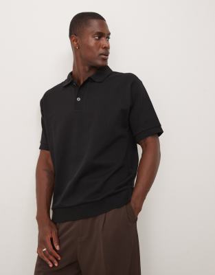 textured heavyweight jersey polo shirt in black