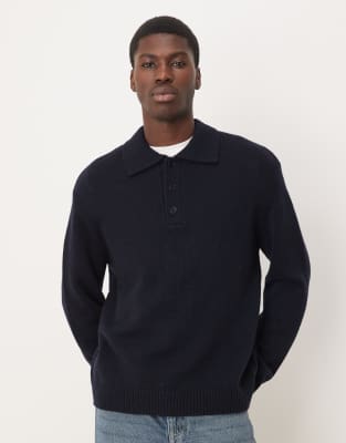 Arket Textured Pure Wool Sweater With Polo Collar In Blue