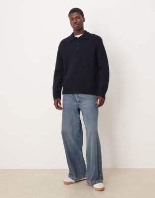 Arket Textured Pure Wool Sweater With Polo Collar In Blue