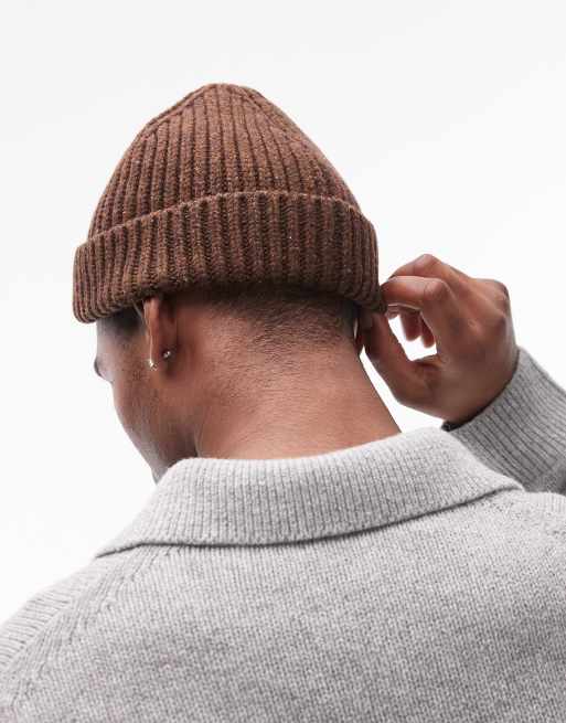 ARKET textured wool short beanie hat in brown ASOS