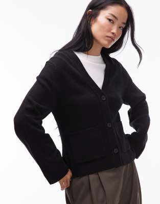 Arket Textured Yarn Wool Cardigan With V-neck And Front Pockets In Black