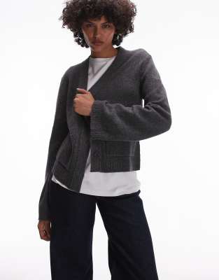 textured yarn wool cardigan with v-neck and front pockets in dark gray