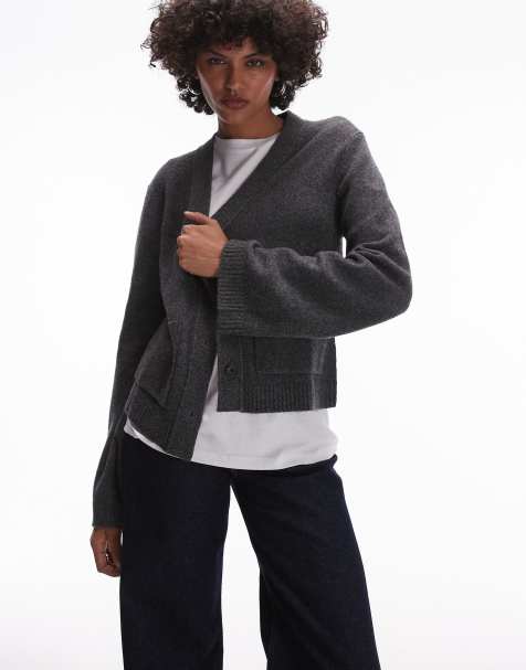 ARKET textured yarn wool cardigan with v-neck and front pockets in dark grey - view 1