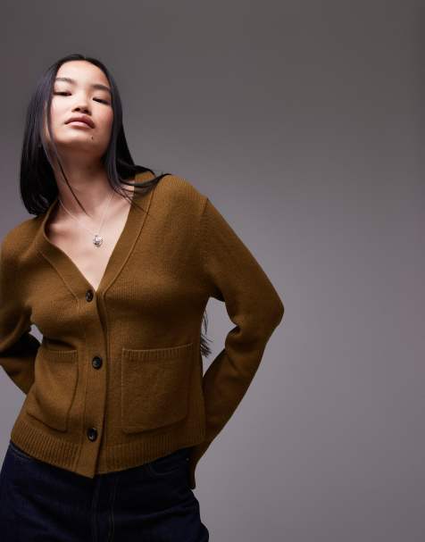 ARKET textured yarn wool cardigan with v-neck and front pockets in khaki brown - view 1