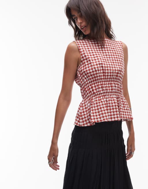 ARKET - Top à carreaux avec corsage froncé en coton majoritaire - Orange brûlé