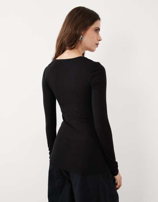 ARKET top a coste in lana con scollo a V e maniche lunghe nero, 4 di 4