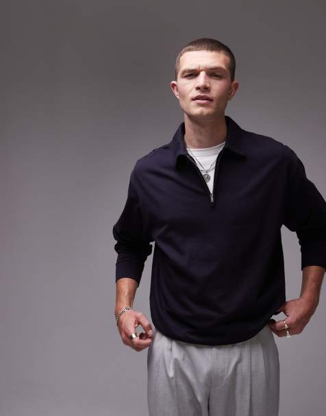 ARKET - Top en jersey avec col polo zippé - Bleu marine - view 1