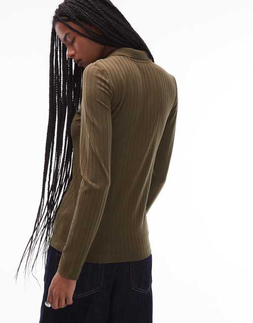ARKET - Top en jersey stretch côtelé avec col polo avec grande patte de boutonnage - Kaki, 2 de 4