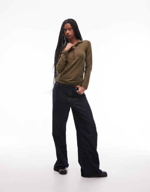 ARKET - Top en jersey stretch côtelé avec col polo avec grande patte de boutonnage - Kaki, 3 de 4