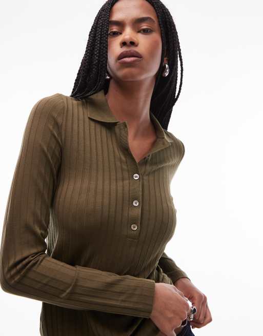ARKET - Top en jersey stretch côtelé avec col polo avec grande patte de boutonnage - Kaki, 4 de 4