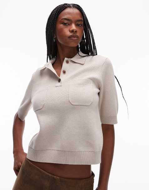 ARKET - Top en maille compacte avec col polo boutonné - Beige - view 1