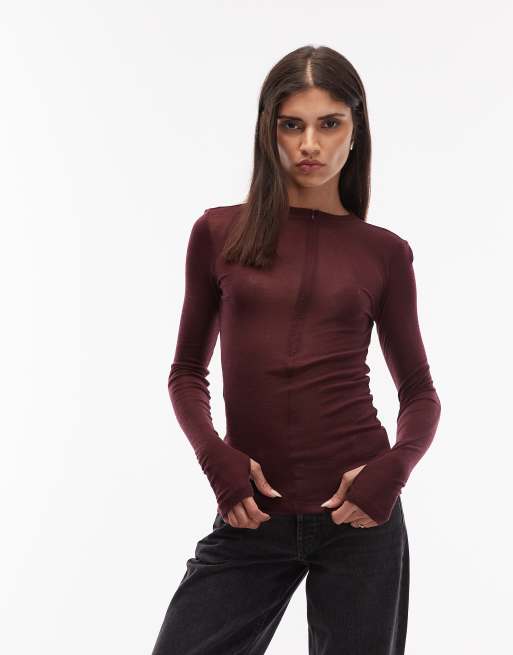 ARKET - Top en maille de mérinos semi-transparente à col zippé minimaliste - Rouge