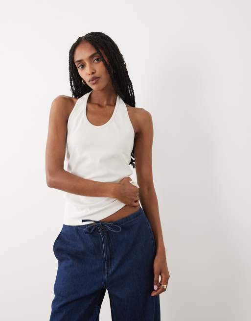 ARKET top i jersey med bomuldsblanding og halterneck i hvid, 4 af 4