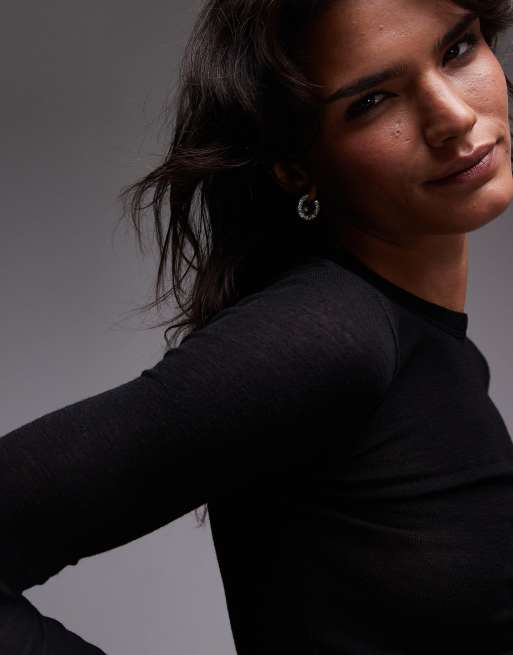 ARKET - Top semi-transparent à manches longues en maille de laine mérinos - Noir, 3 de 4