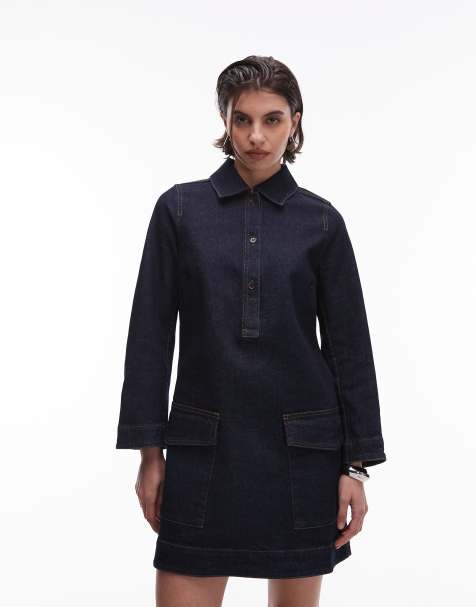 ARKET utility denim mini dress with patch front pockets in clean indigo wash - view 1