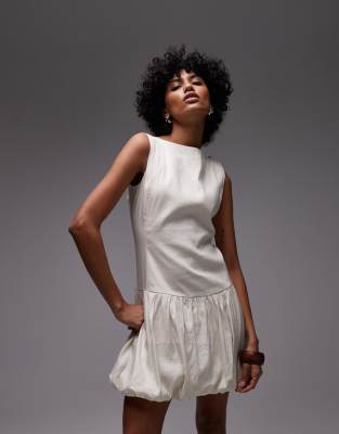 v back bubble hem mini dress in cream-Neutral