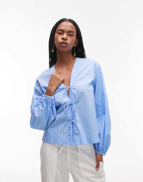 ARKET  v-neck blouse with bow tie front in blue