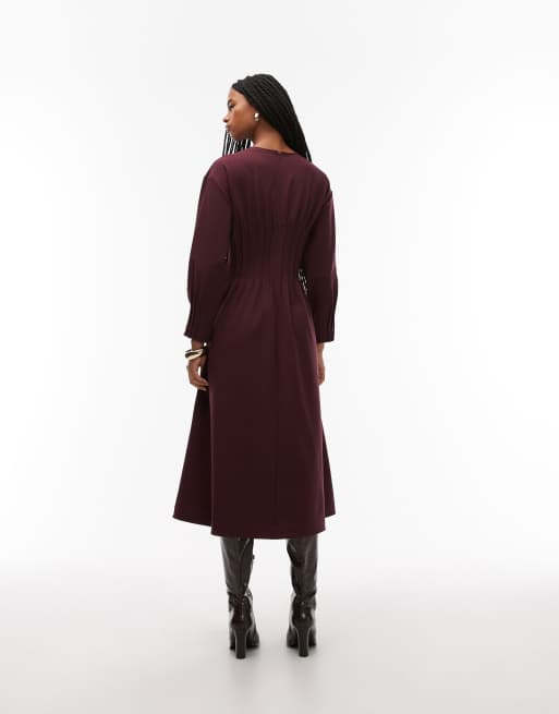 ARKET v-neck cinched waist midaxi dress with volume sleeves in burgundy, 3 of 4