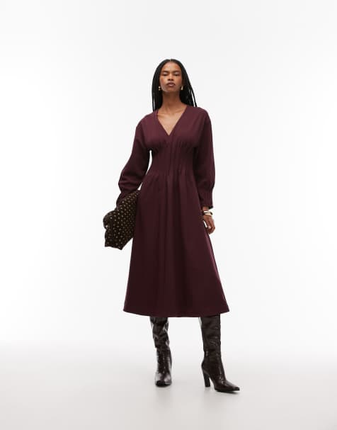 ARKET v-neck cinched waist midaxi dress with volume sleeves in burgundy