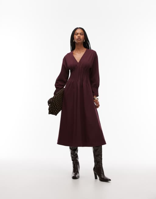 ARKET v-neck pleated midaxi dress with volume sleeves in burgundy