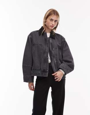 ARKET - Veste en toile avec col contrastant en velours côtelé - Noir délavé