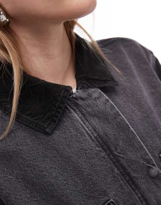 ARKET - Veste en toile avec col contrastant en velours côtelé - Noir délavé, 3 de 4