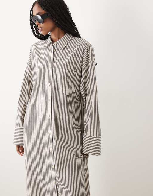 ARKET - Vestido camisero marrón a rayas de algodón puro, 3 de 4