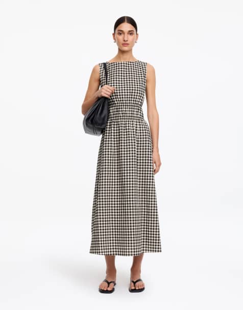 ARKET - Vestido midi marrón a cuadros vichy marrones con cintura ceñida de sirsaca rica en algodón - view 1