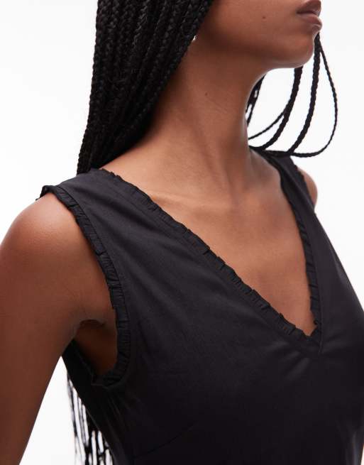 ARKET - Vestito midi a trapezio nero in misto lino con scollo a V e volant, 3 di 4