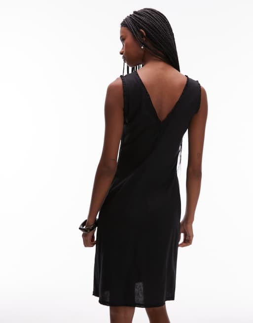 ARKET - Vestito midi a trapezio nero in misto lino con scollo a V e volant, 4 di 4