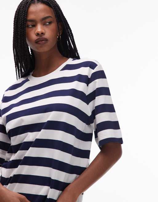 ARKET - Vestito stile T-shirt midi squadrato in puro cotone a righe color blu navy e bianco, 4 di 4