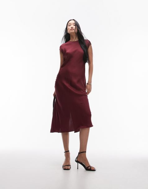 ARKEt – Wadenlanges Kleid aus Satin in Burgunderrot mit Flügelärmeln - view 1