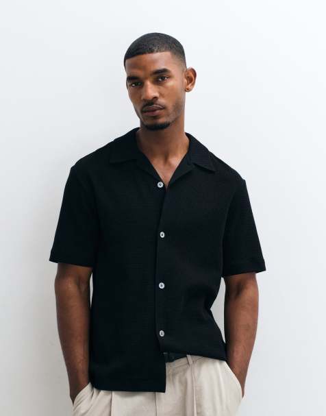 ARKET waffle jersey short sleeve shirt in black - view 1