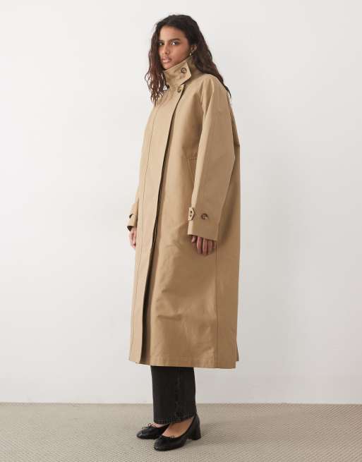 ARKET waxed cotton funnel neck short trench with cord inner collar detail in beige, 2 of 4
