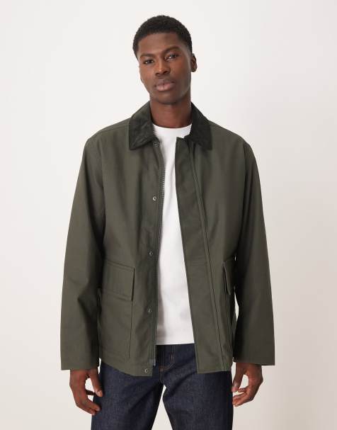 ARKET waxed cotton jacket with contrast cord collar in dark khaki green - view 1
