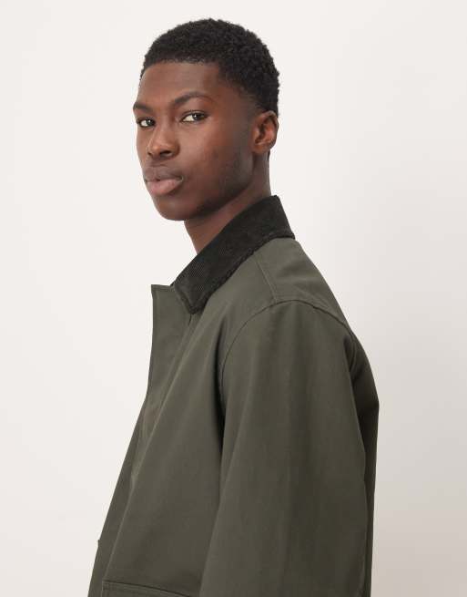 ARKET waxed cotton jacket with contrast cord collar in dark khaki green, 4 of 5