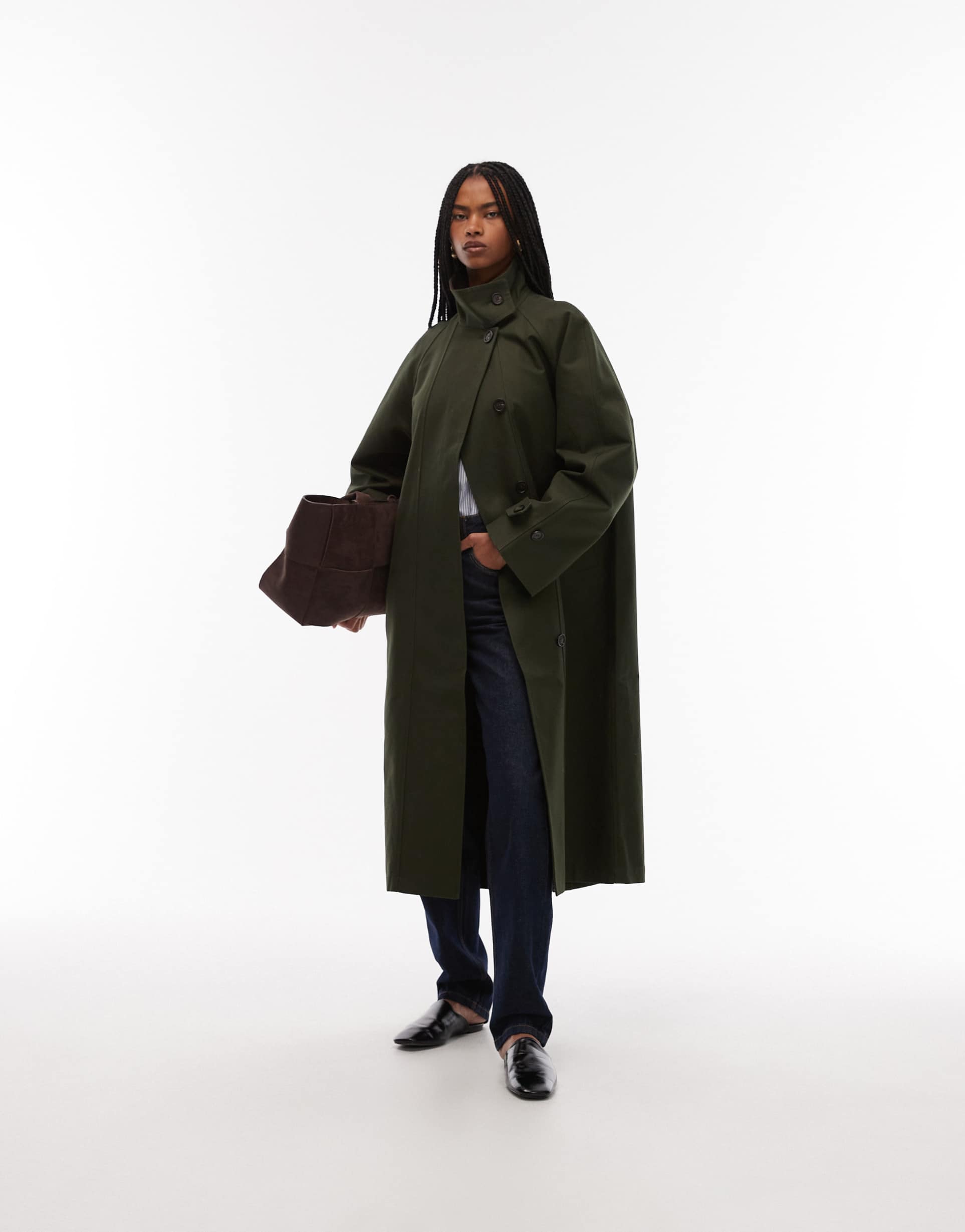 arket waxed cotton midaxi trench coat in olive green