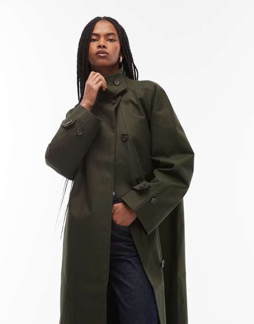 ARKET waxed cotton midaxi trench coat in olive green | ASOS